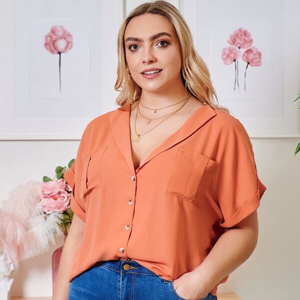 

Plus Patch Pocket Rolled Cuff Blouse, Coral orange