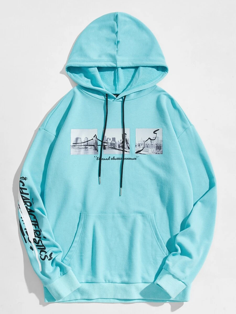 Manfinity 男士袋口袋圖片和字母圖案連帽衫 - 薄荷藍 - 查看 1