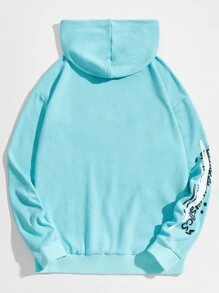 Manfinity 男士袋口袋圖片和字母圖案連帽衫 - 薄荷藍 - 查看 2