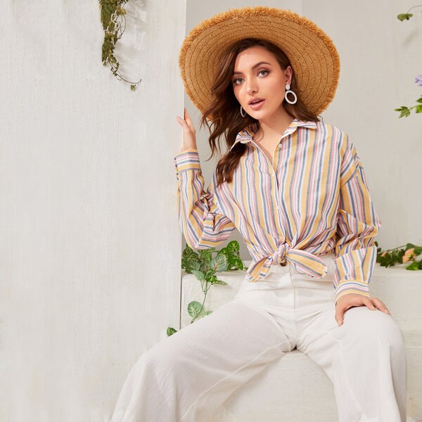 

Collared Buttoned Front Striped Blouse, Multicolor