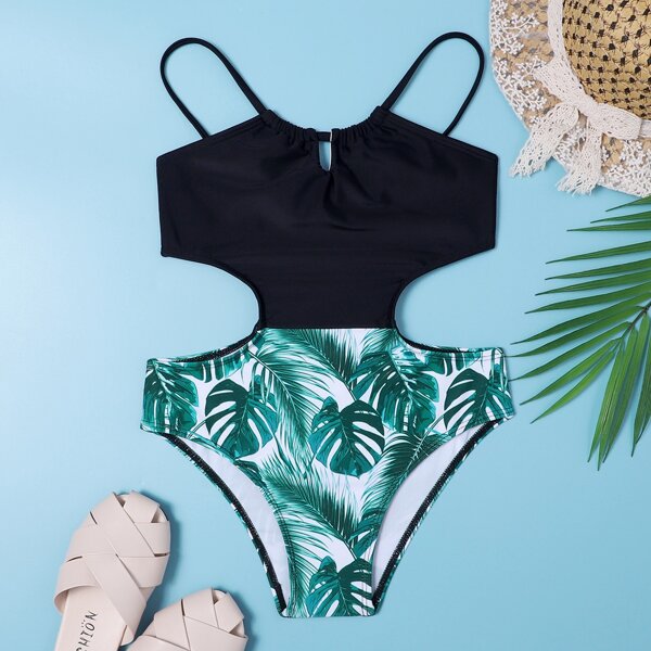 

Girls Tropical Cut-out One Piece Swimsuit, Multicolor