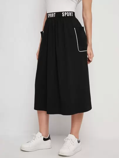 Seusyu Letter Tape Waist Contrast Binding Pocket Patched Skirt