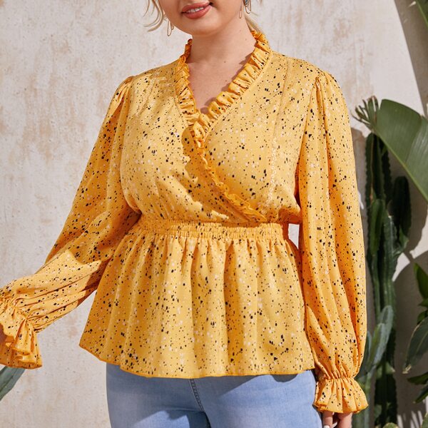 

Plus All Over Print Frill Trim Flounce Sleeve Peplum Top, Multicolor