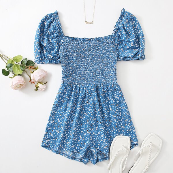 

Puff Sleeve Shirred Bodice Ditsy Floral Romper, Blue