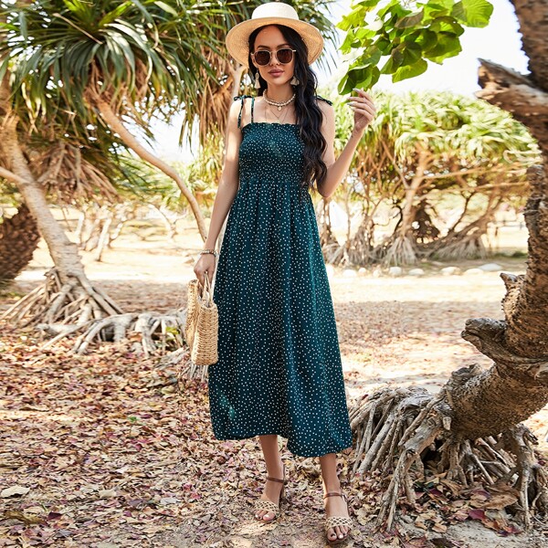 

Polka Dot Shirred Knot Cami Dress, Dark green