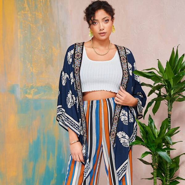 

Plus Contrast Tape Trim Graphic Print Kimono, Navy blue