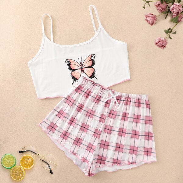 

Butterfly And Plaid Print Cami PJ Set, Multicolor
