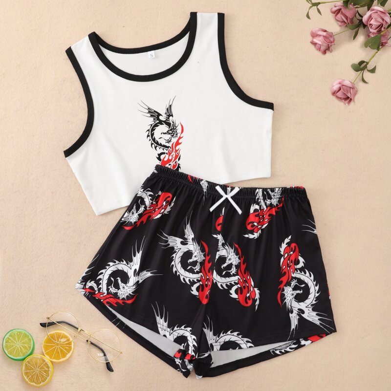 

Dragon And Fire Print Contrast Binding PJ Set, Black and white
