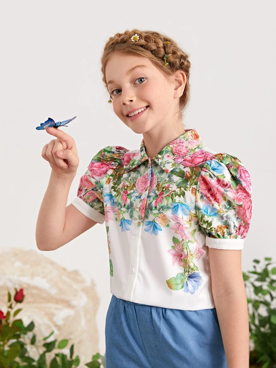 SHEIN بلوزة مزهر بأكمام منفوخ ملفوف للبنات