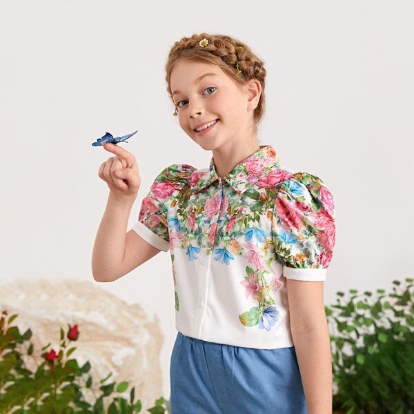 

Girls Collared Puff Sleeve Floral Blouse, White