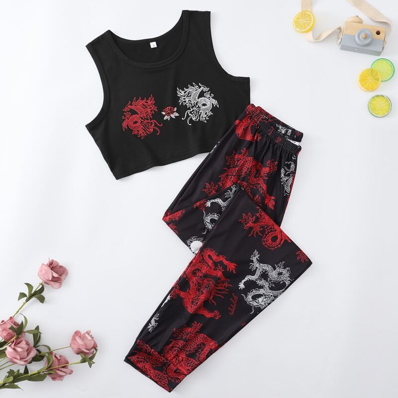 

Chinese Dragon Print Pajama Set, Multicolor