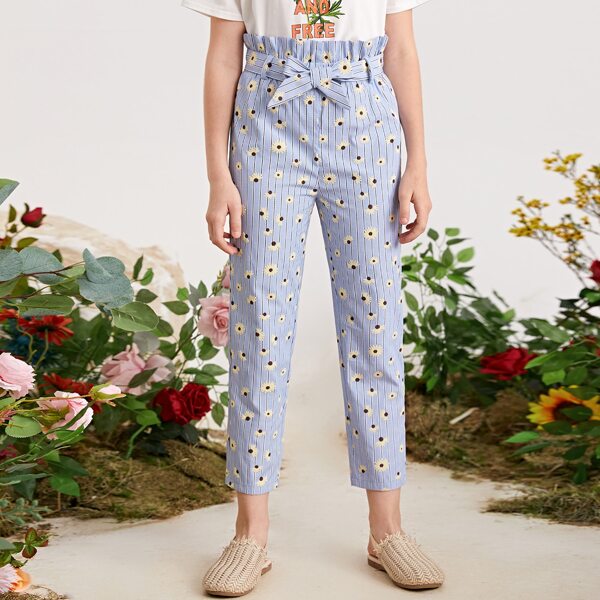 

Girls Paperbag Waist Floral and Striped Pants, Blue