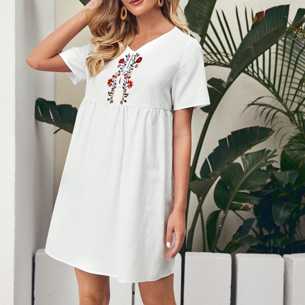 

Floral Embroidery Smock Dress, White