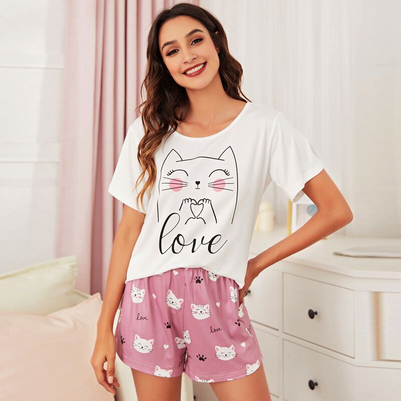 

Cartoon And Letter Graphic Pajama Set, Multicolor