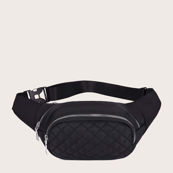 

Men Quilted Pocket Front Fanny Pack, Black