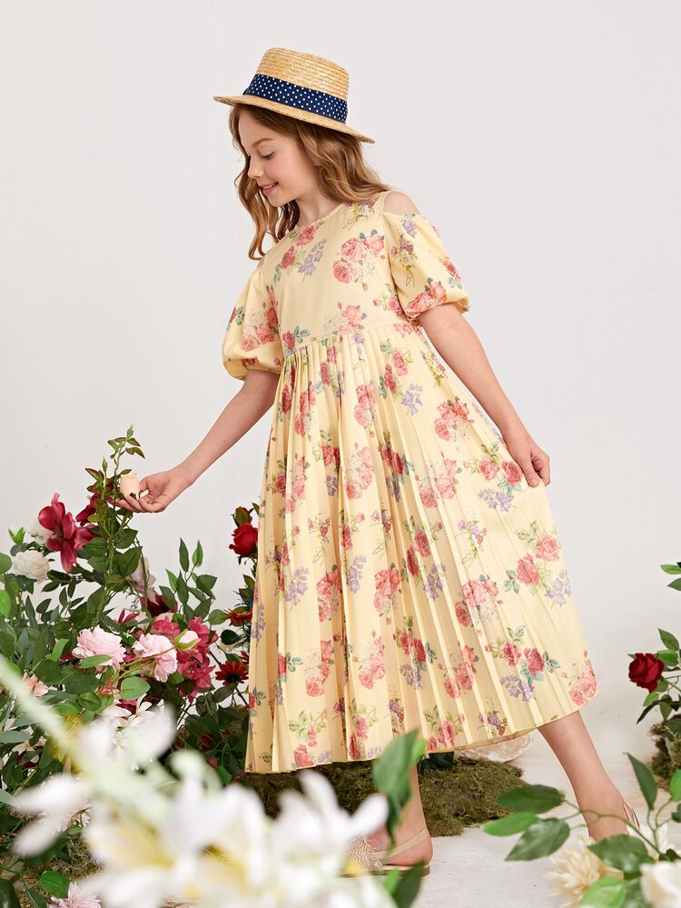 SHEIN Girls Cold Shoulder Pleated Hem Floral Dress - Multicolor - View 3