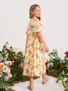SHEIN Girls Cold Shoulder Pleated Hem Floral Dress - Multicolor - View 2