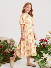 SHEIN Girls Cold Shoulder Pleated Hem Floral Dress - Multicolor - View 4