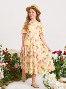 SHEIN Girls Cold Shoulder Pleated Hem Floral Dress - Multicolor - View 1