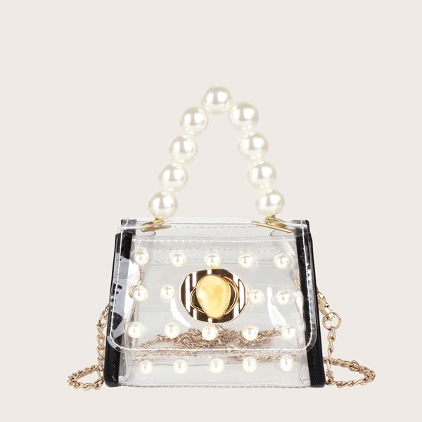 

Mini Clear Faux Pearl Decor Satchel Bag