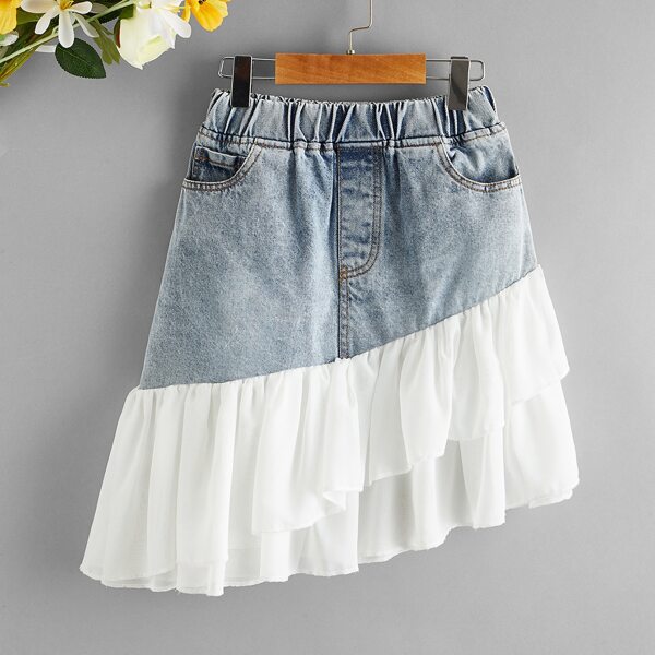 

Girls Tiered Layer Asymmetrical Denim Skirt, Multicolor