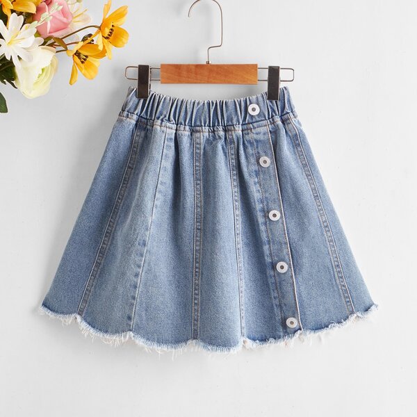 

Girls Button Front Raw Hem Denim Skirt, Light wash
