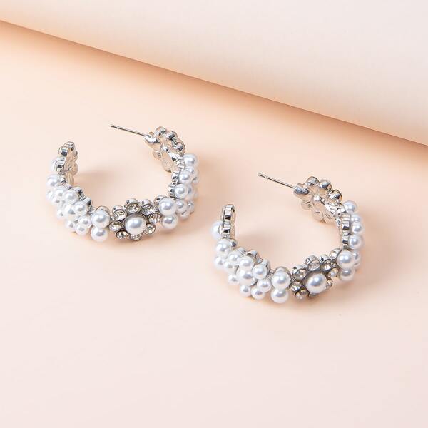 

Faux Pearl Decor Cuff Hoop Earrings, Silver