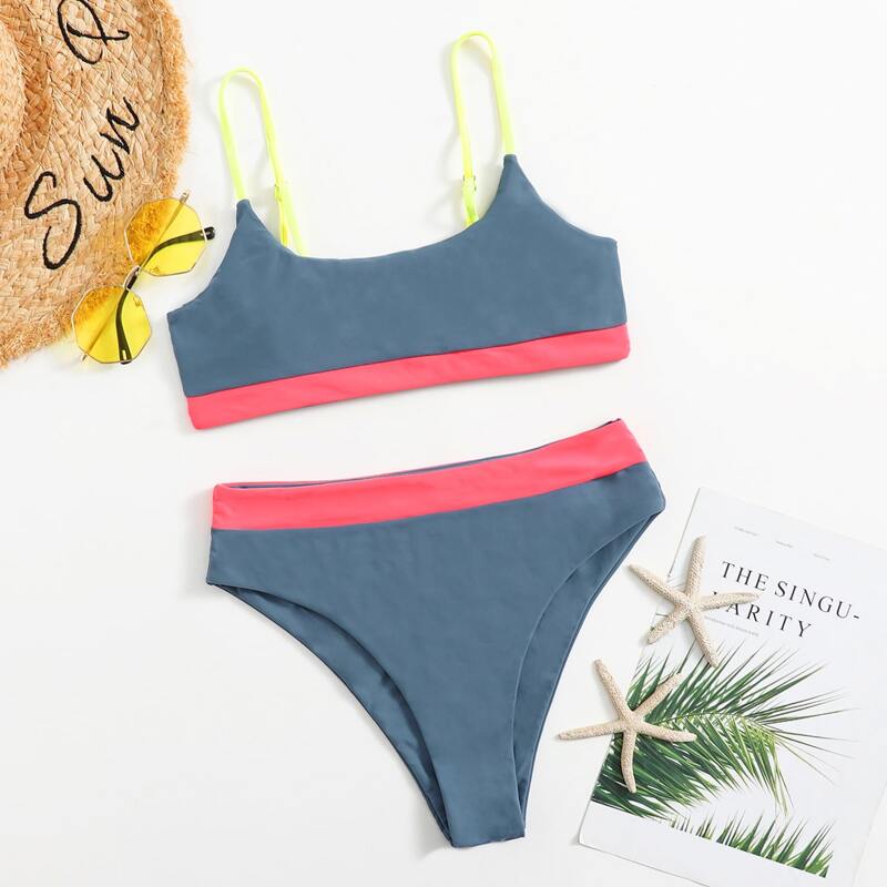 

Contrast Binding High Waist Bikini Swimsuit, Dusty blue