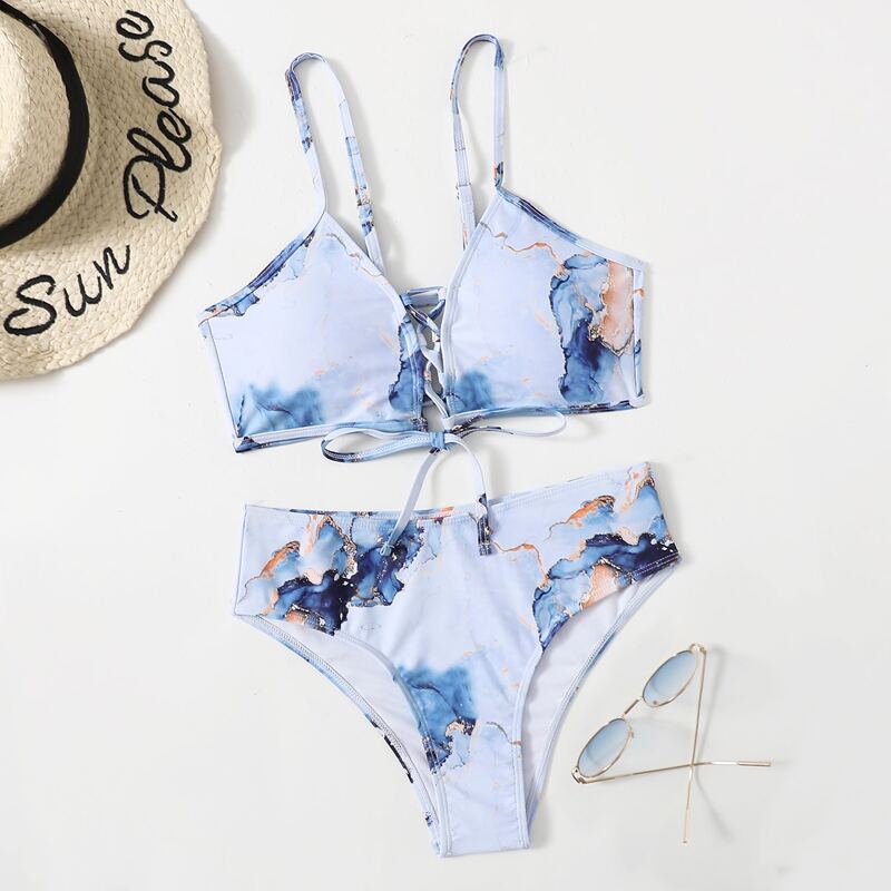 

Marble Pattern Lace-up Bikini Swimsuit, Multicolor