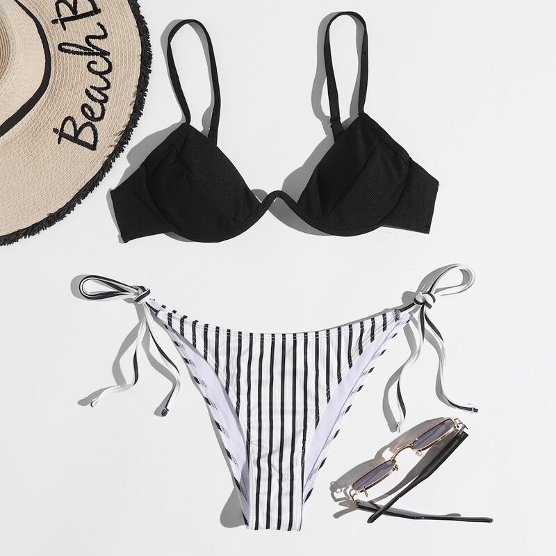 

Stripe Underwire Tie Side Bikini Swimsuit, Black and white