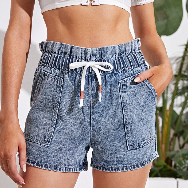 

Paperbag Waist Drawstring Slant Pocket Denim Shorts, Medium wash
