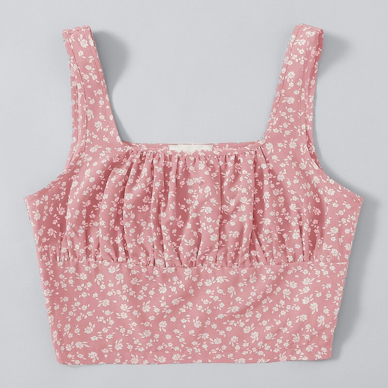

Ditsy Flower Ruched Bust Crop Tank Top, Baby pink