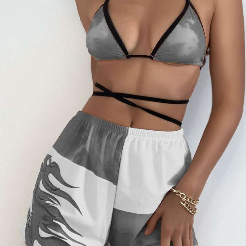 

3pack Fire Print Triangle Bikini Swimsuit & Shorts, Grey