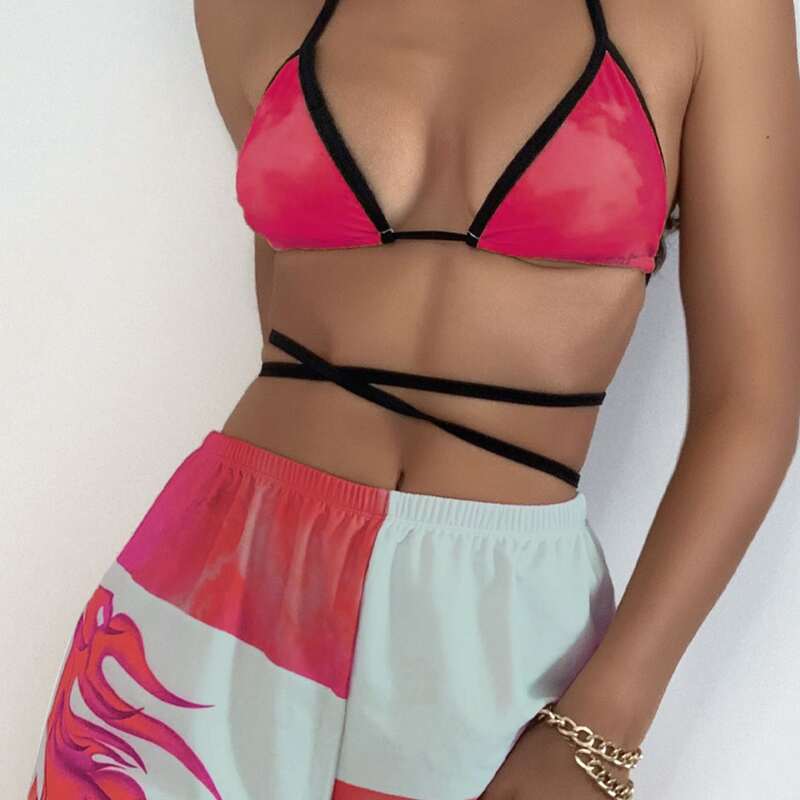 

3pack Fire Print Triangle Bikini Swimsuit & Shorts, Hot pink
