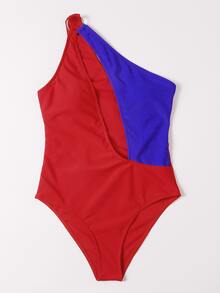 Color Block One Shoulder One Piece Swimsuit - Multicolor - View 3