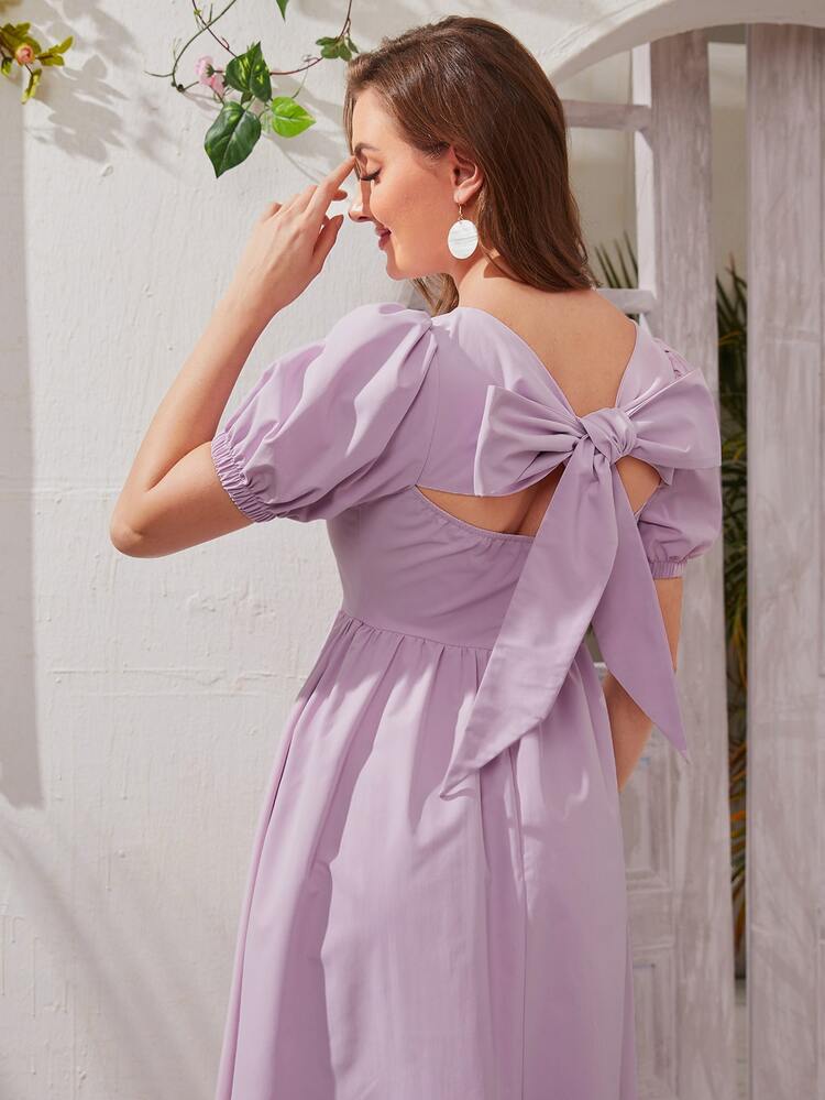 SHEIN 泡泡袖後繫帶連衣裙 - 紫丁香色 - 查看 5