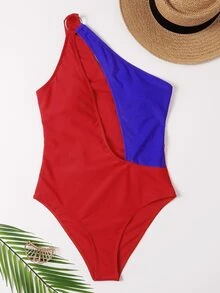 Color Block One Shoulder One Piece Swimsuit - Multicolor - View 6