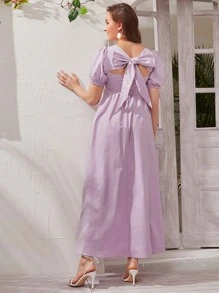 SHEIN Vestido con cordón trasero de manga farol - Lila Púrpura - Ver 1