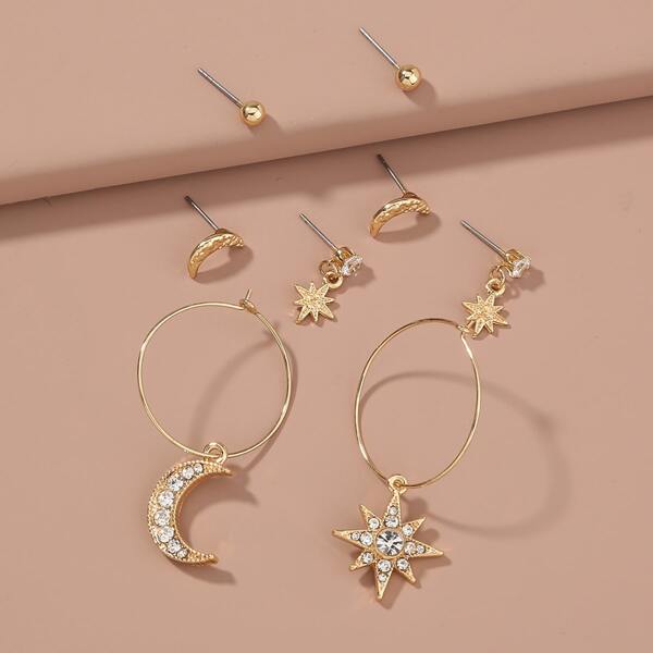 

4pairs Rhinestone Moon Decor Earrings, Gold