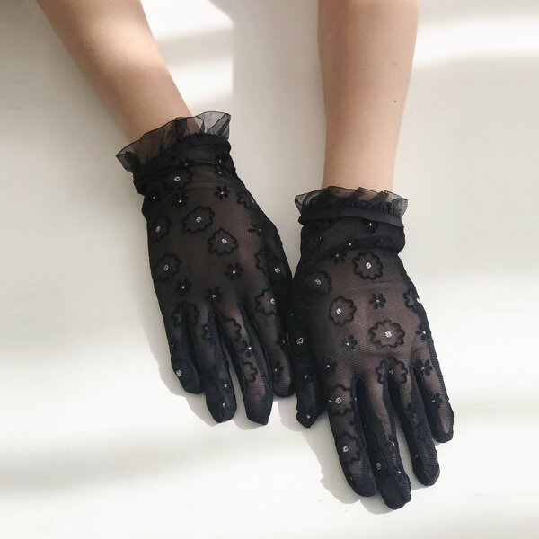 

Rhinestone Decor Lace Gloves, Black