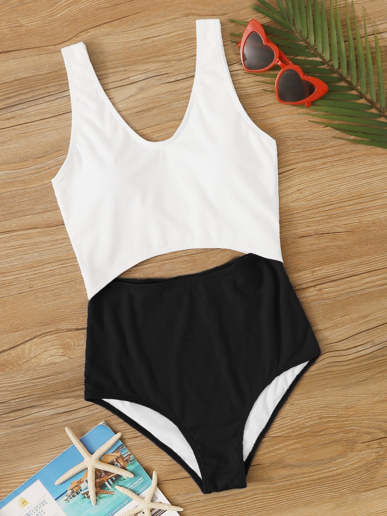 Two Tone Rib One Piece Swimsuit Shein Usa