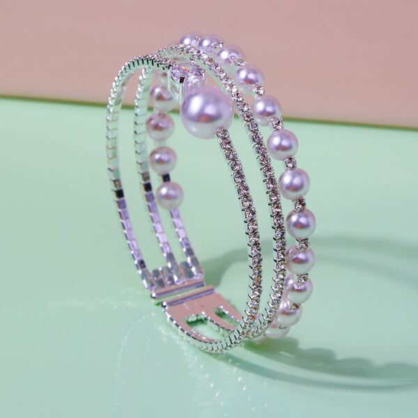 

Faux Pearl & Rhinestone Decor Bracelet, Silver