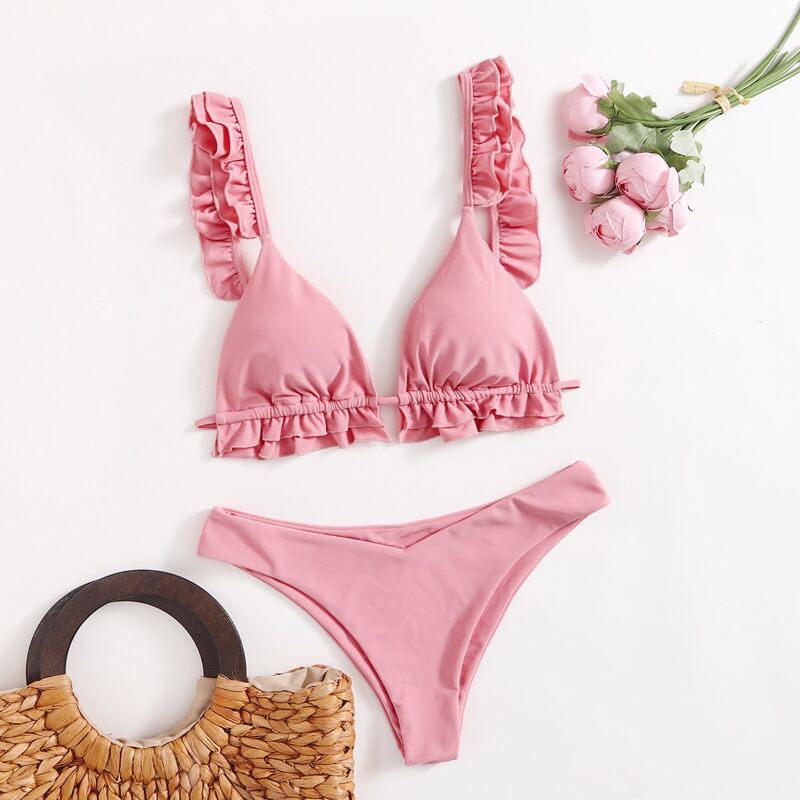 

Frill Trim Triangle Bikini Swimsuit, Pink