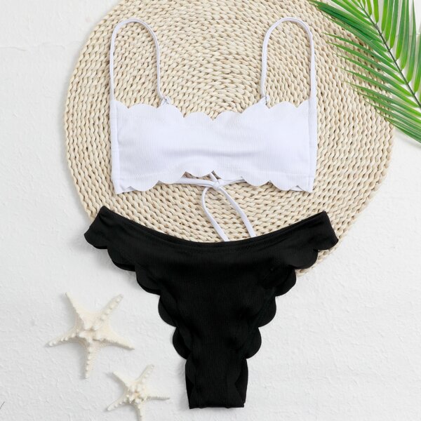 

с фестонами узел сзади Одноцветный Повседневный Бикини, Черный и белый