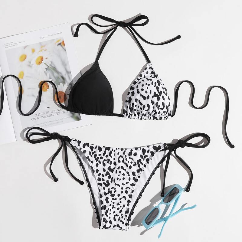 

Leopard Tie Side Bikini Swimsuit, Black and white