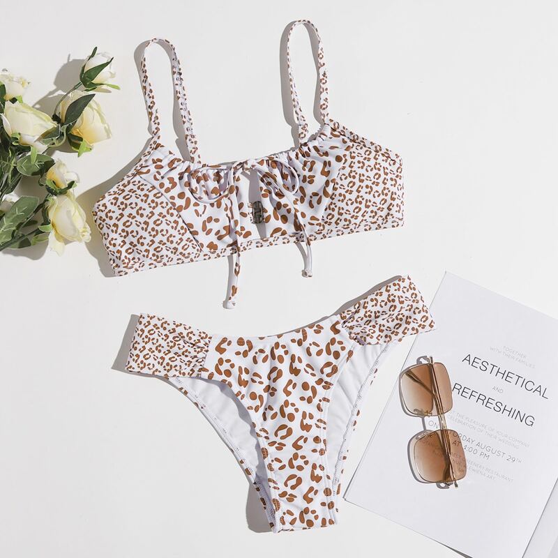 

Leopard Tie Front Bikini Swimsuit, Brown