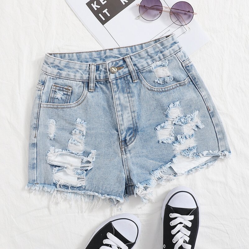 

Raw Hem Ripped Denim Shorts, Light wash