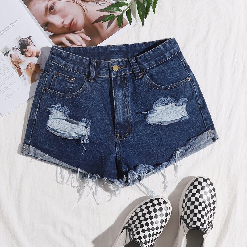 

Raw Hem Ripped Denim Shorts, Dark wash