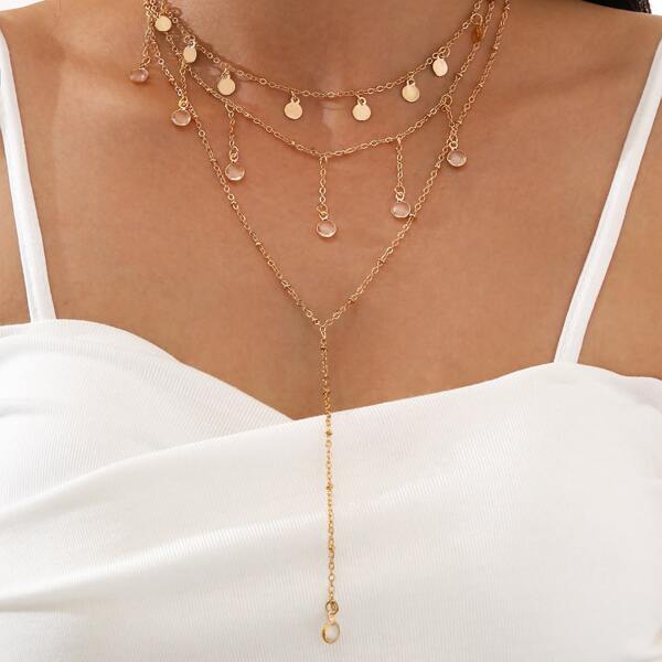 

3pcs Rhinestone Charm Y-lariat Necklace, Gold