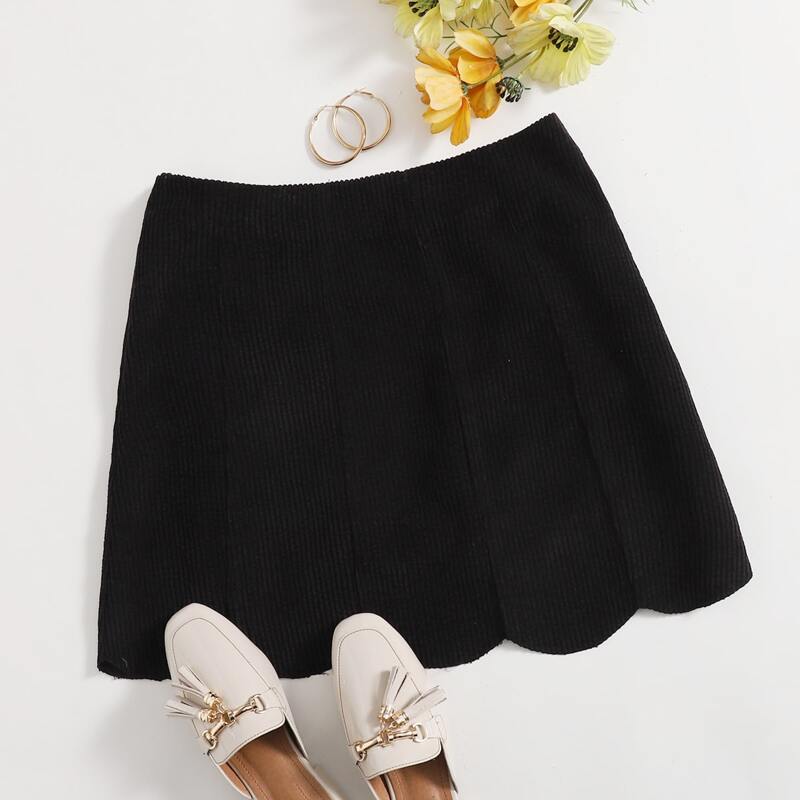

High Waist Scallop Hem Skirt, Black